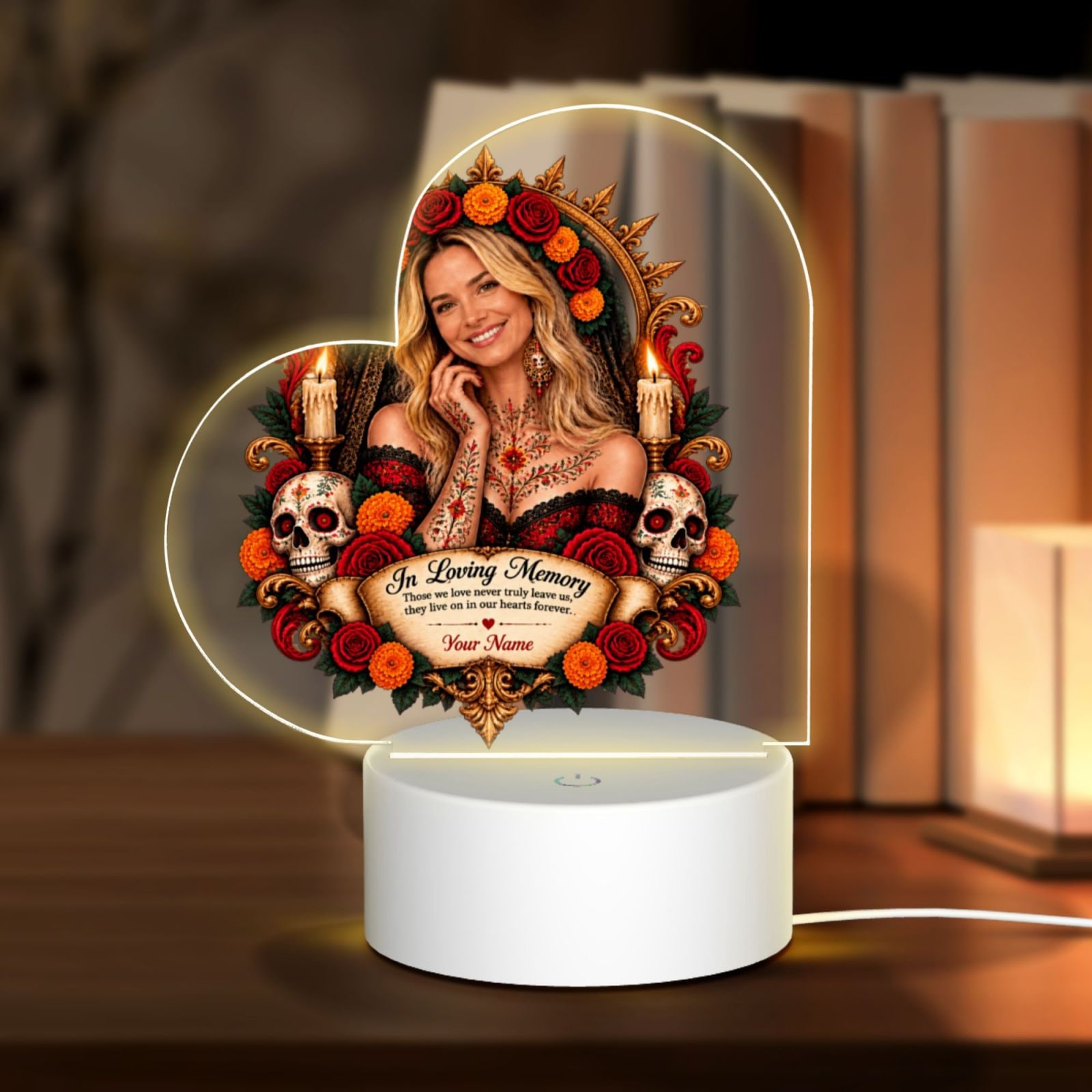 Day of the Dead Portrait Heart Acrylic Night Light