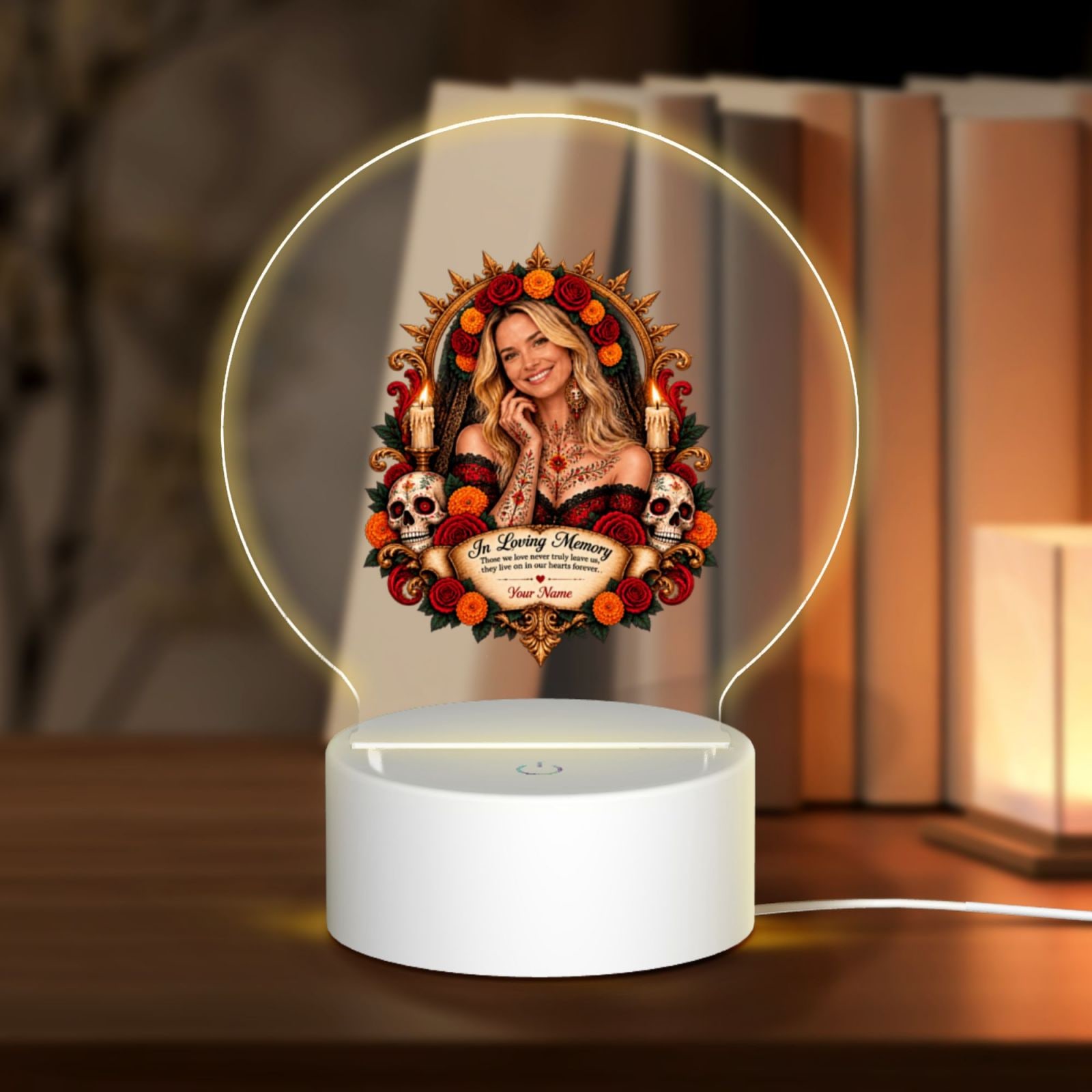 Day of the Dead Portrait Round Acrylic Night Light