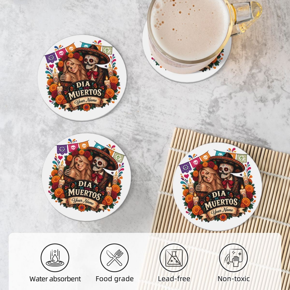 Brillo de cempasúchil del Día de Muertos Ceramic Coaster Set of 4