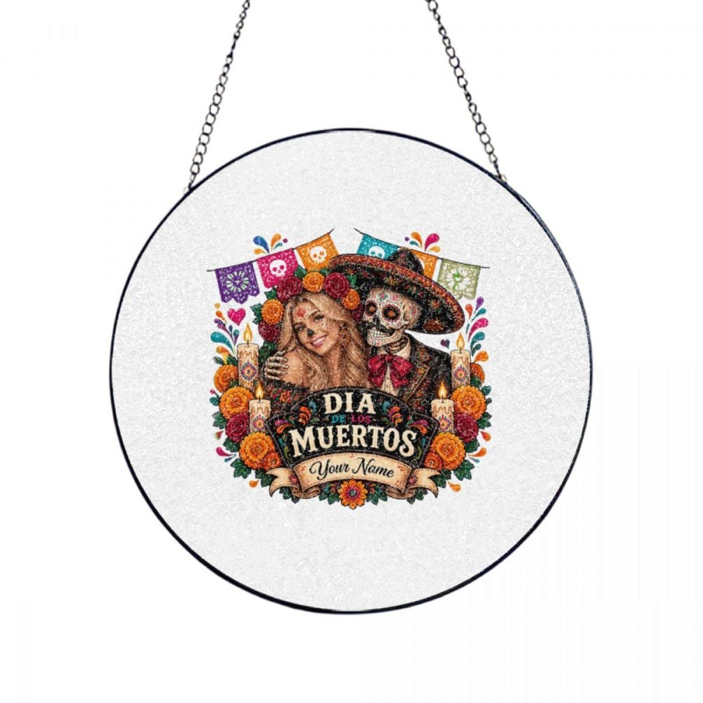 Brillo de cempasúchil del Día de Muertos Glass Suncatcher