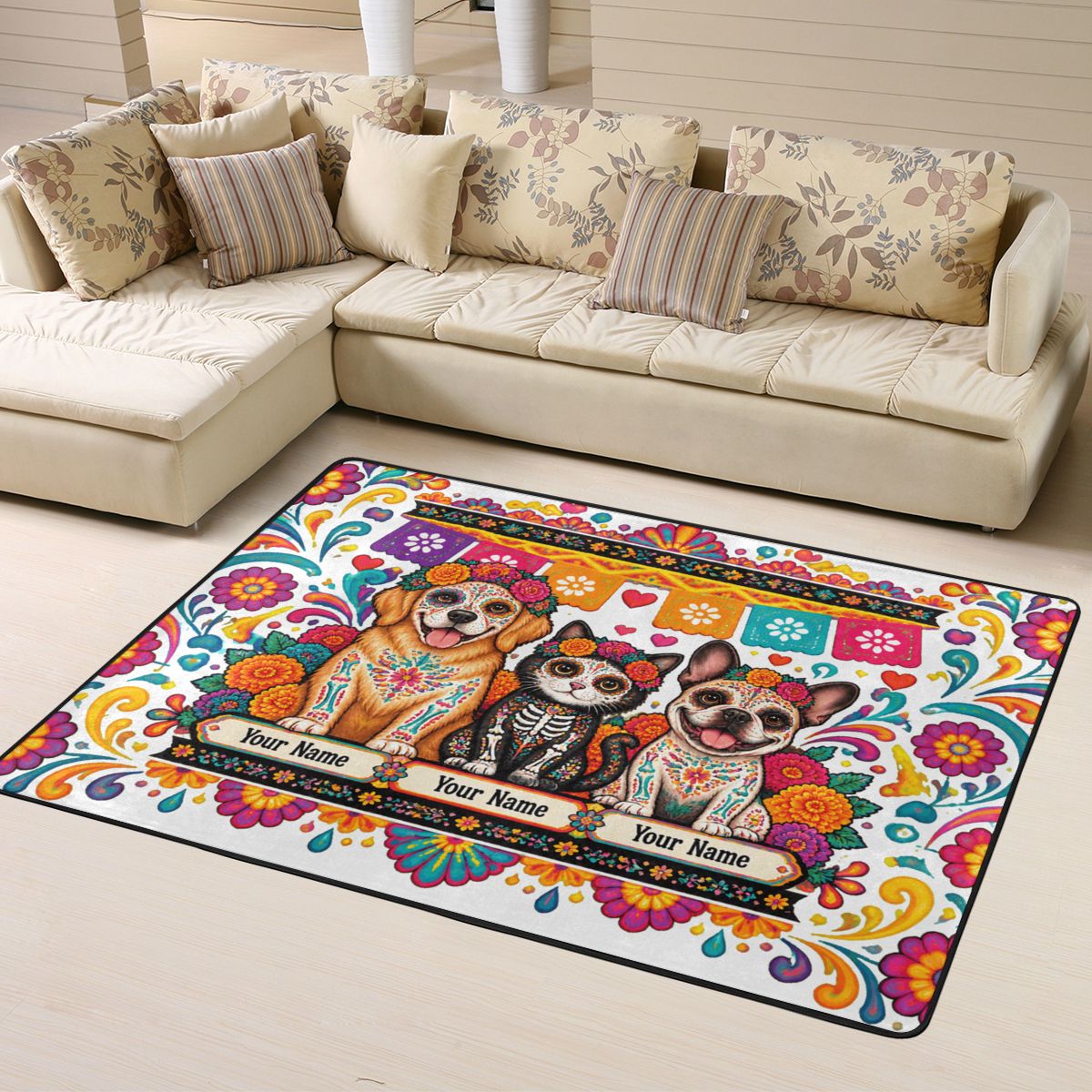 Mascotas del Día de Muertos Alfombra de sala 63×48 pulgadas