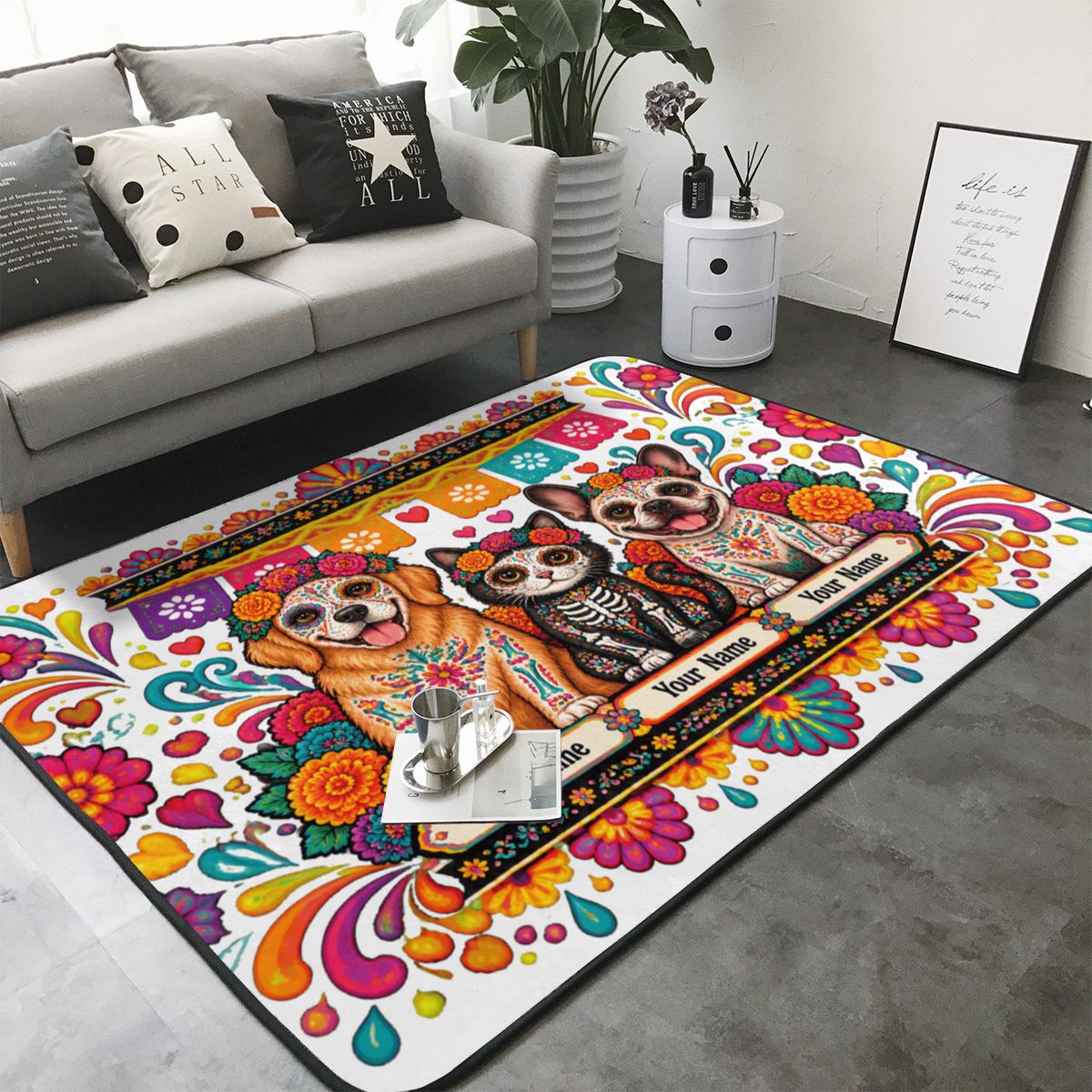 Mascotas del Día de Muertos Alfombra de sala 80×58 pulgadas
