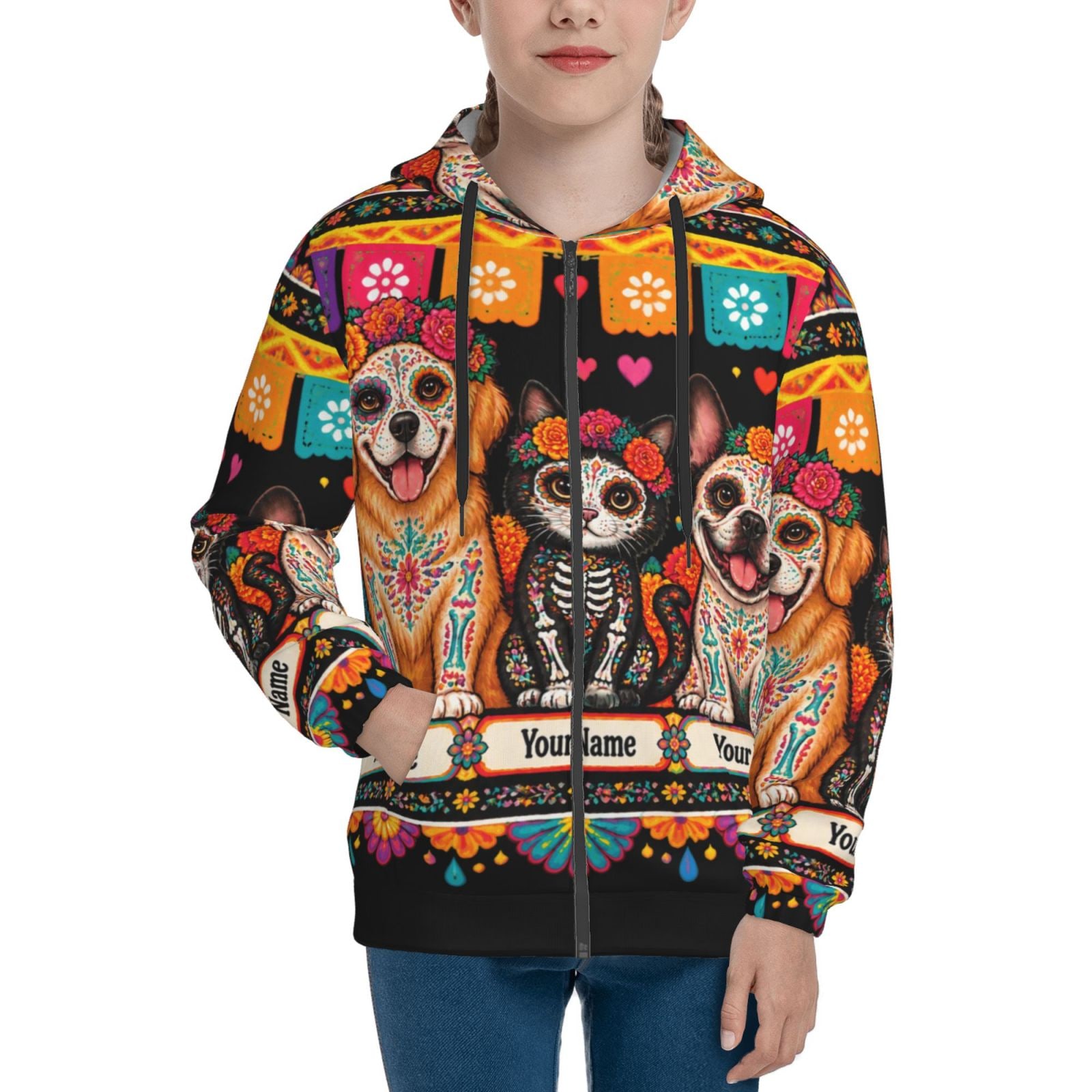 Haustiere zum Tag der Toten Kinder-Zip-Hoodie
