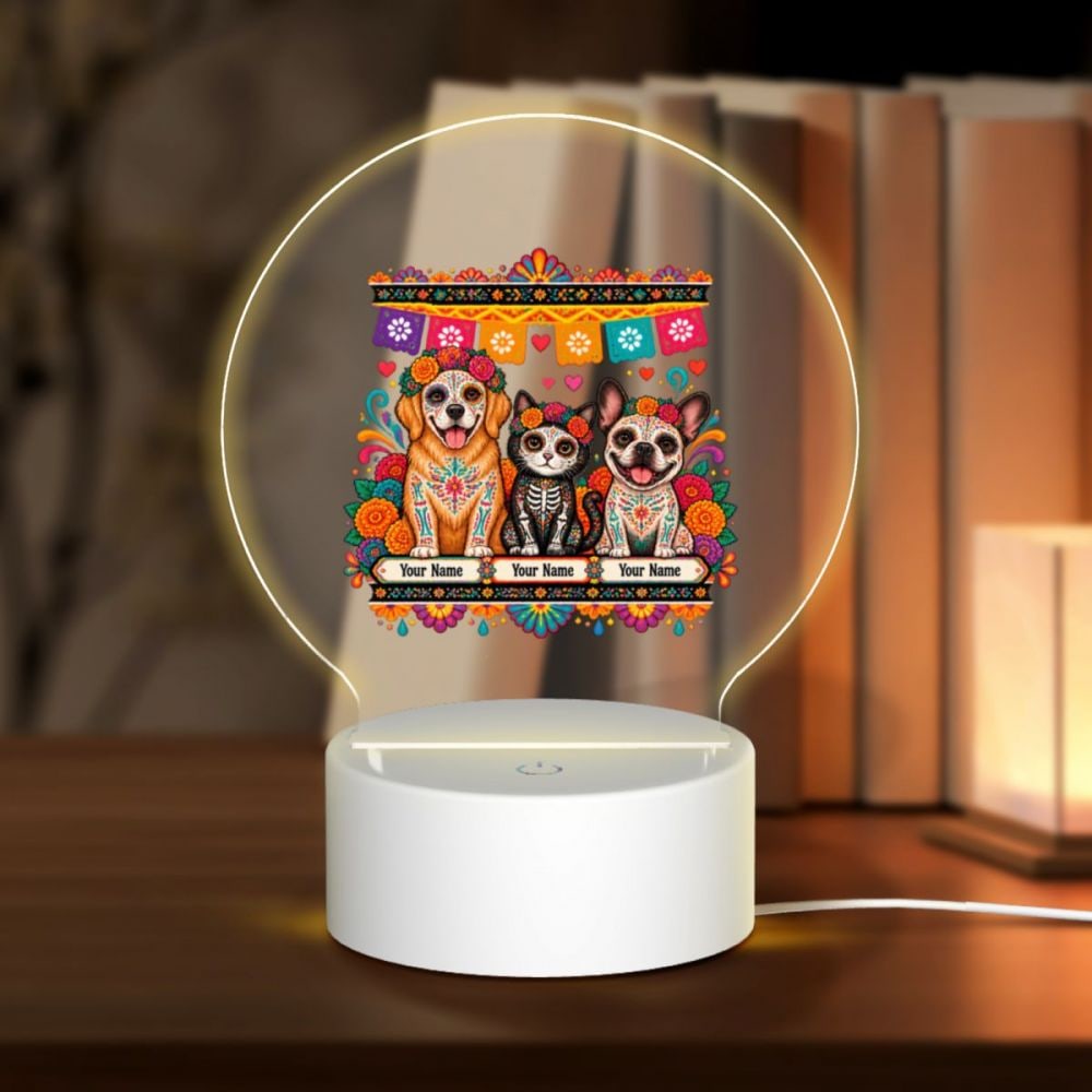 Day of the Dead Pets Round Acrylic Night Light