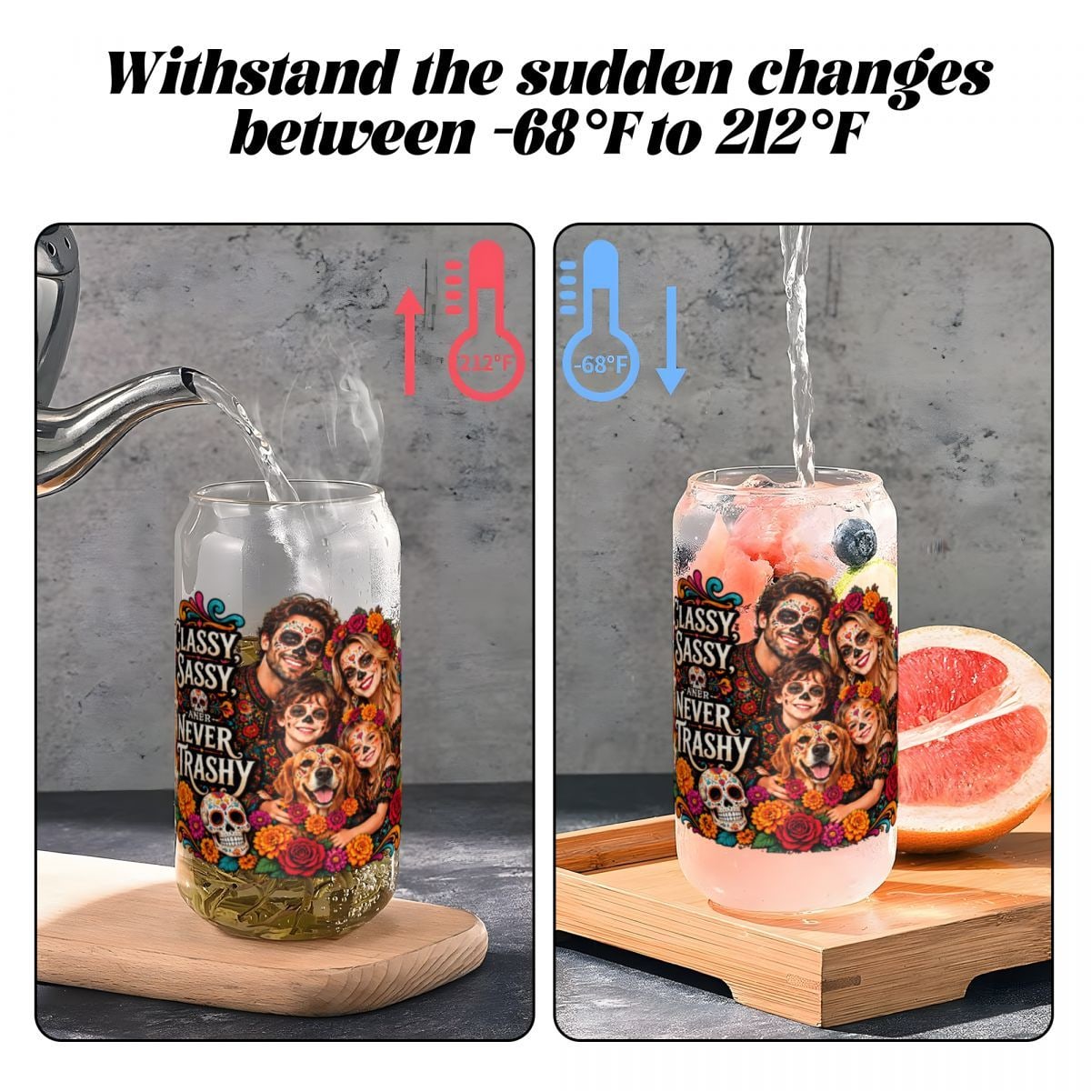 Day of the Dead Family Portrait 16oz Glass Can with Bamboo Lid