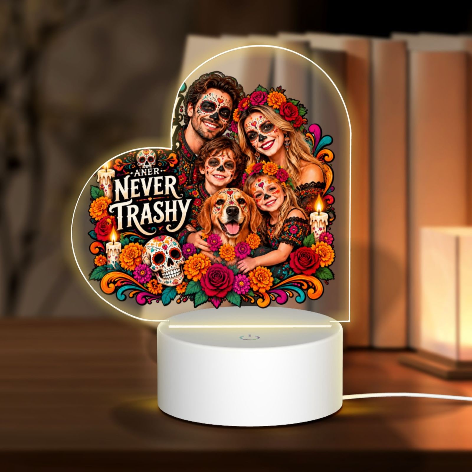 Day of the Dead Family Portrait Heart Acrylic Night Light