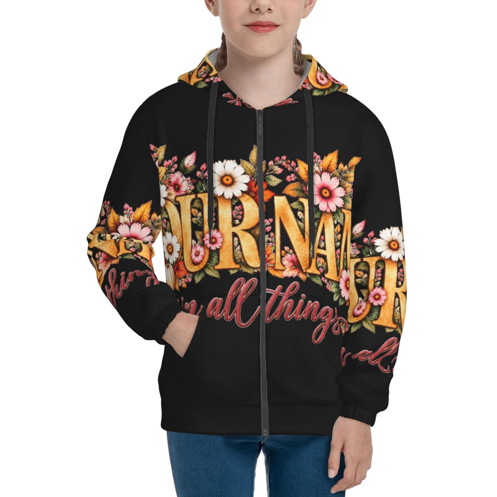 Thanksgiving Floral Portrait Kids Zip Hoodie