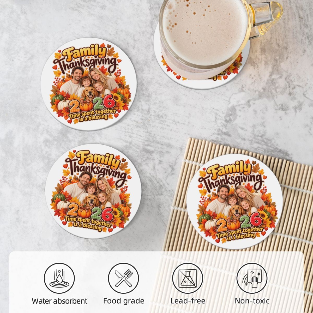Thanksgiving Family Blessing Ceramic Coaster Set of 4