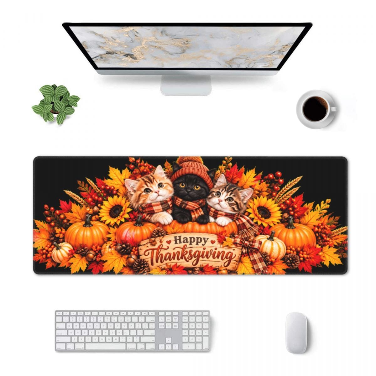 Trio de chats de Thanksgiving Sous-main de bureau 11,8×31,5 po