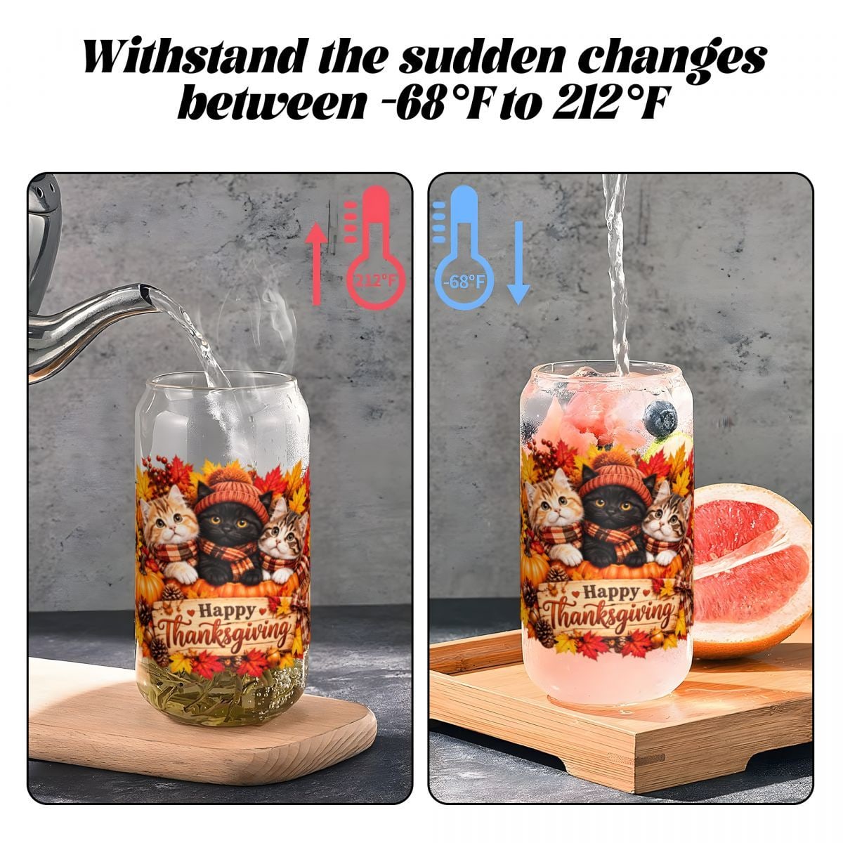 Thanksgiving Kitty Trio 16oz Glass Can with Bamboo Lid