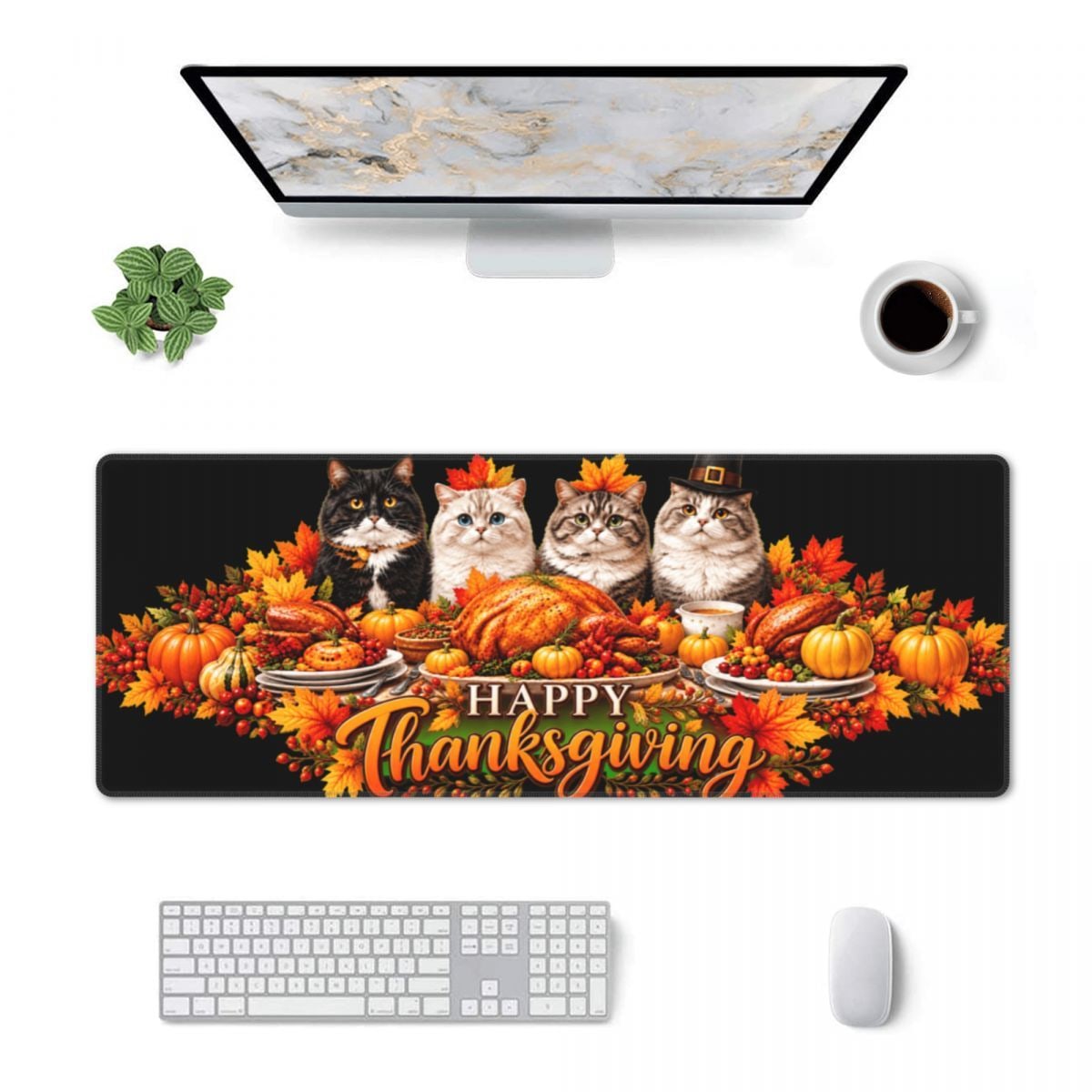 Thanksgiving Feline Feast Sous-main de bureau 11,8×31,5 po