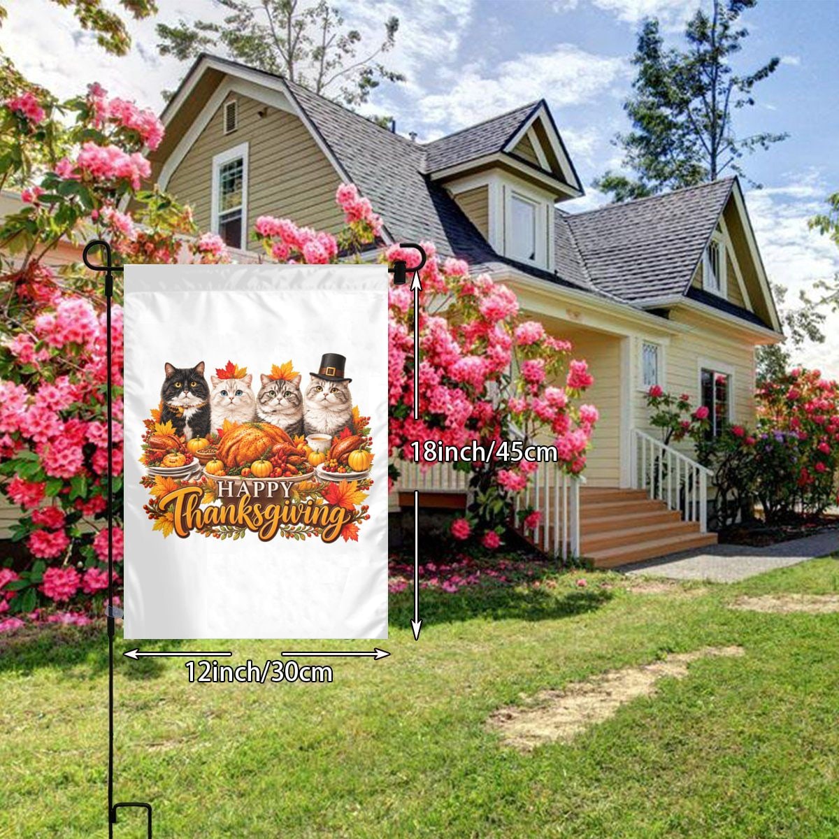 Thanksgiving Feline Feast Garden Flag 12×18 in