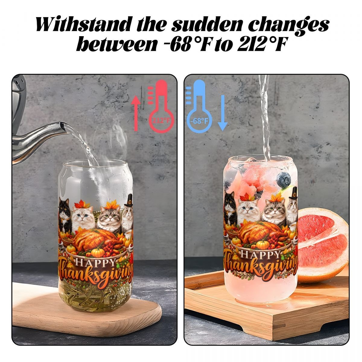 Thanksgiving Feline Feast 16oz Glass Can with Bamboo Lid