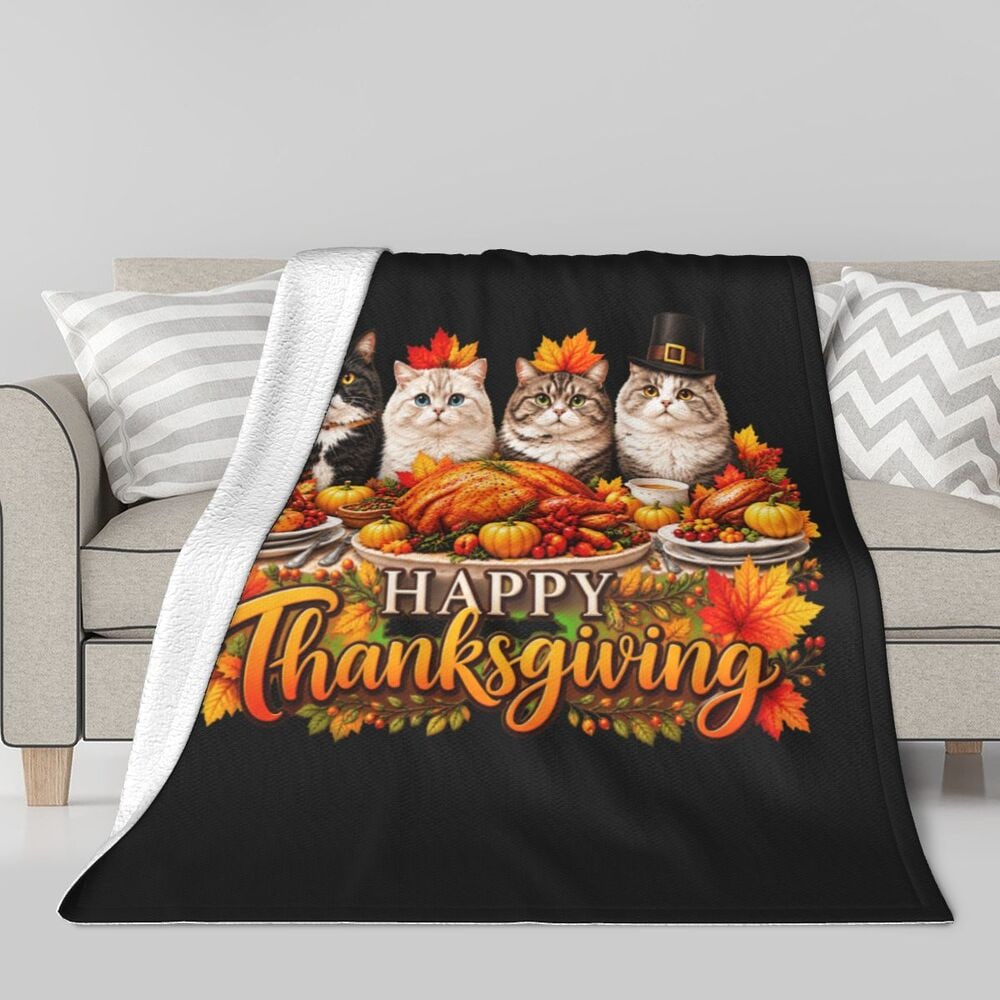 Thanksgiving Feline Feast Couverture en polaire sherpa